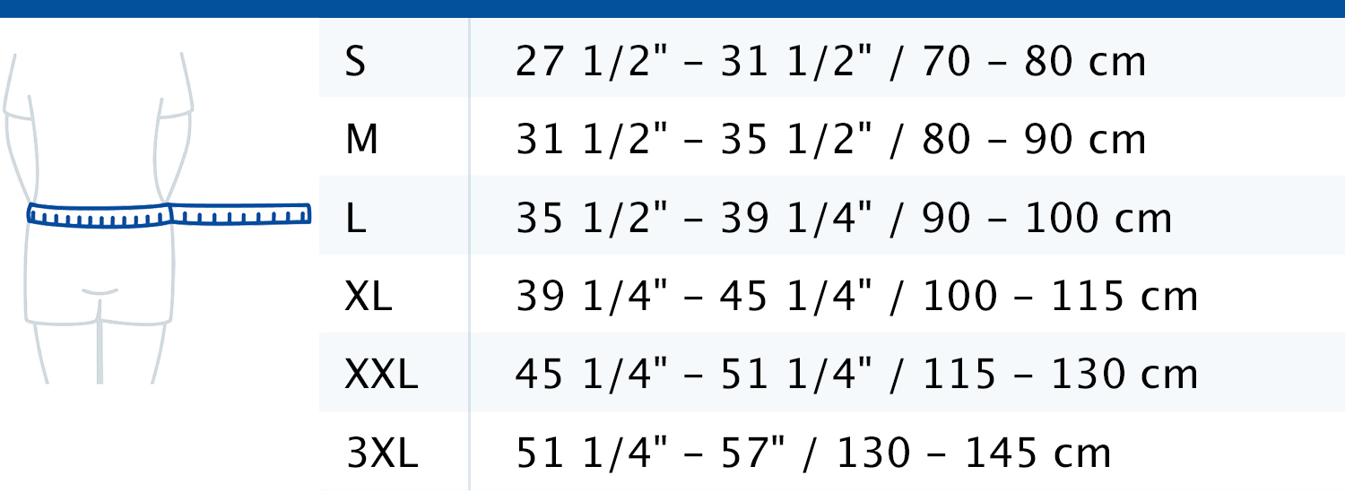 Size chart showing measurements for Actimove Professional Line LumbaMotion Lady Back Support with Pressure Pad
 Size chart showing measurements for Actimove Professional Line LumbaMotion Lady Back Support with Pressure Pad